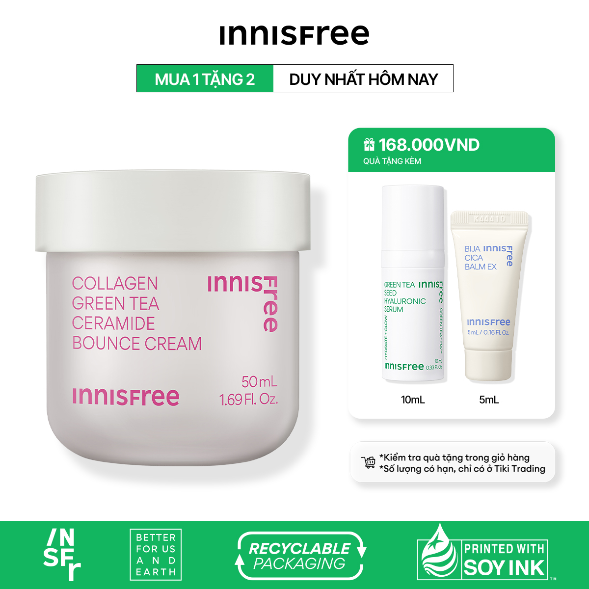 Kem dưỡng giúp làm mờ các dấu hiệu lão hóa trên da INNISFREE Collagen Green Tea Ceramide Bounce Cream 50mL