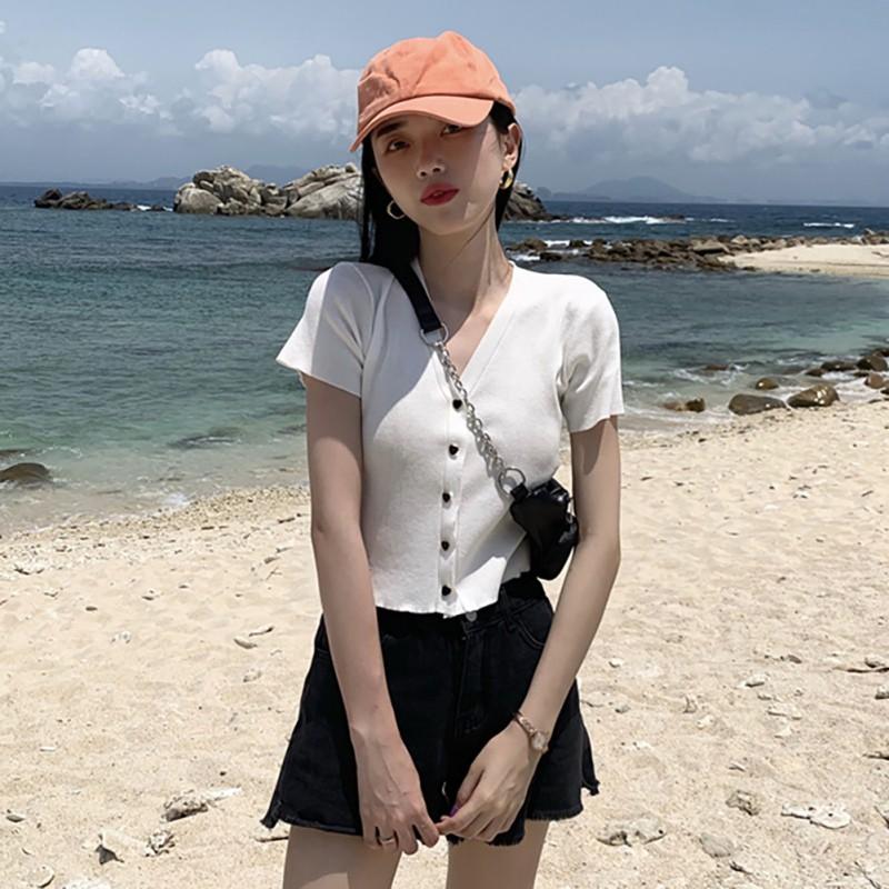 Áo Dệt Kim Ngắn Tay Cổ Chữ V Thời Trang Mùa Hè Hàn Quốc