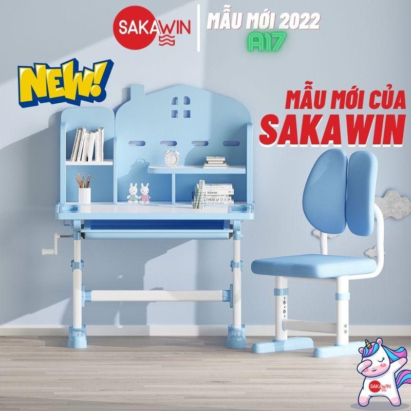 (Mẫu mới 2022) Bàn học cho bé Sakawin A17, Bàn chống gù có giá sách Giá nhập, Bàn học trẻ em từ 3 tuổi tới lớn