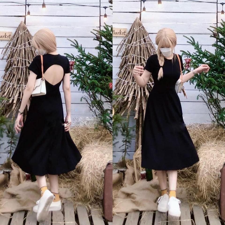 Đầm maxi cổ tròn tay ngắn hở lưng dáng xoè , váy nữ dáng dài xuất xịn