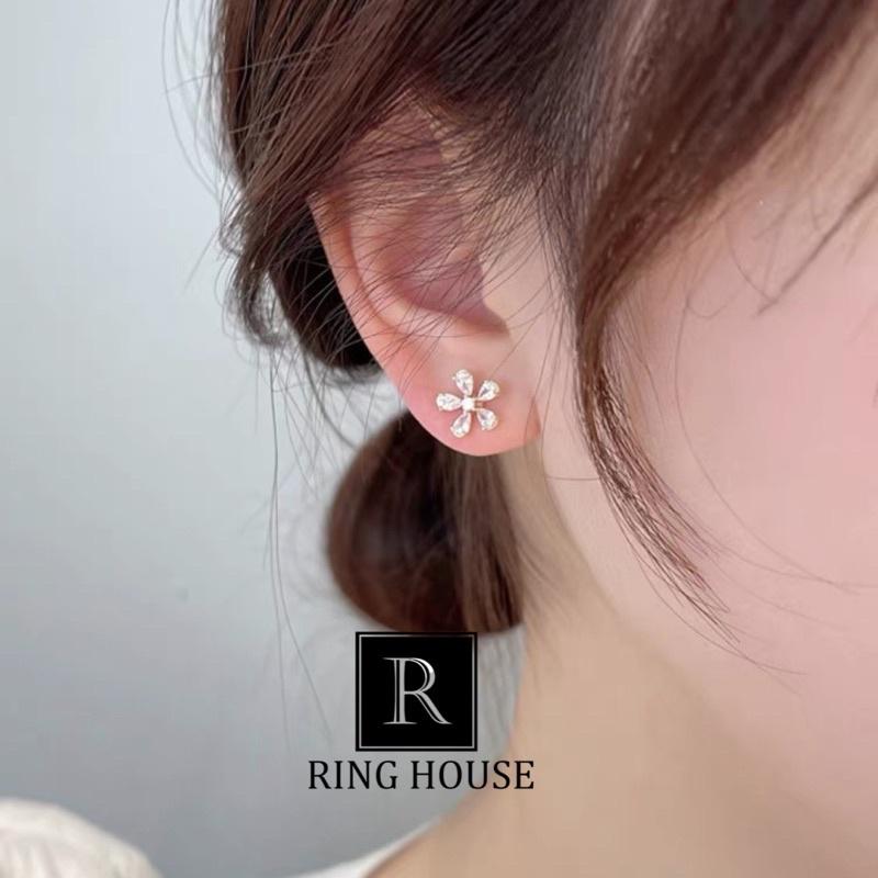 (Chuôi Bạc 925) Khuyên Tai Bông Tai Nữ Hoa Viền Tai Đeo Hai Kiểu Đẹp Ring House