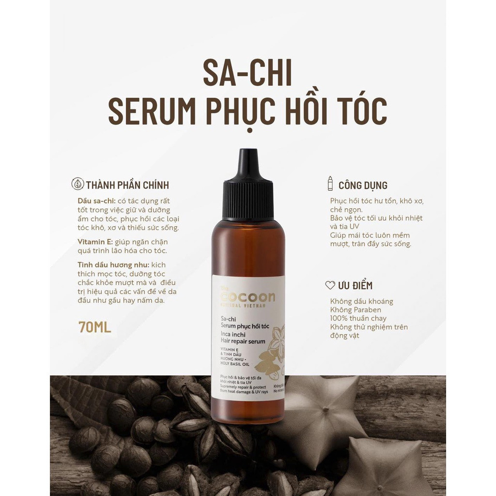 Serum Tóc Cocoon Sachi Phục hồi tóc hư tổn, khô xơ, chẻ ngọn 70ml