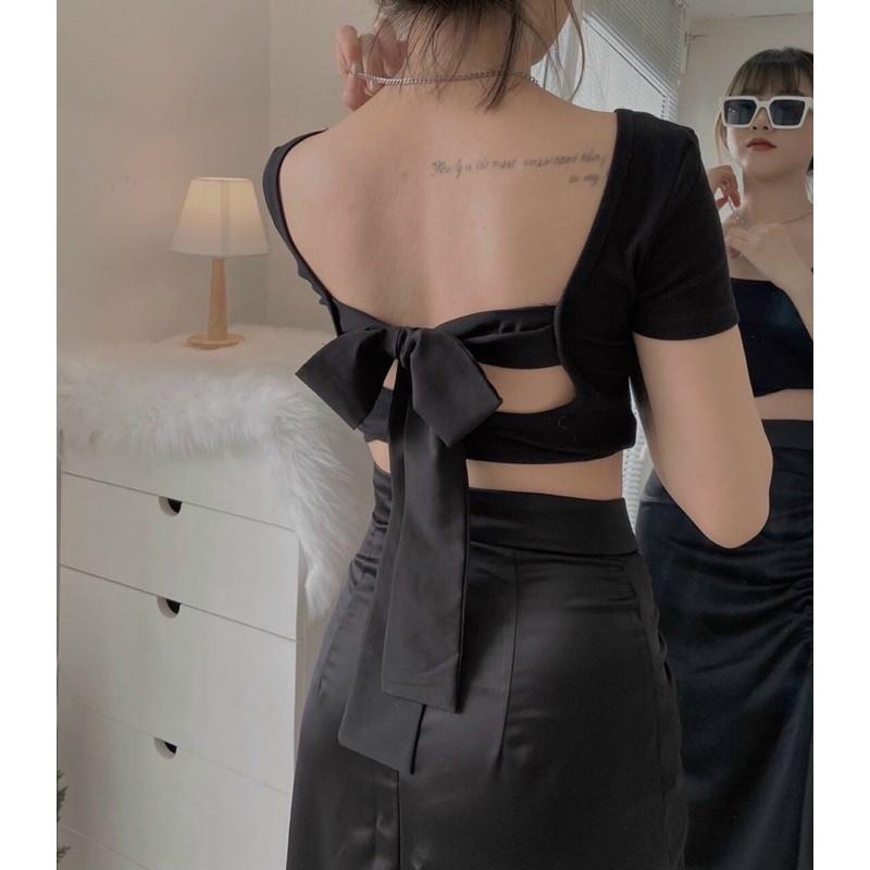 Áo croptop cổ U nơ sau cực xinh sịnÁo croptop hở lưng, khoe lưng tôn dáng