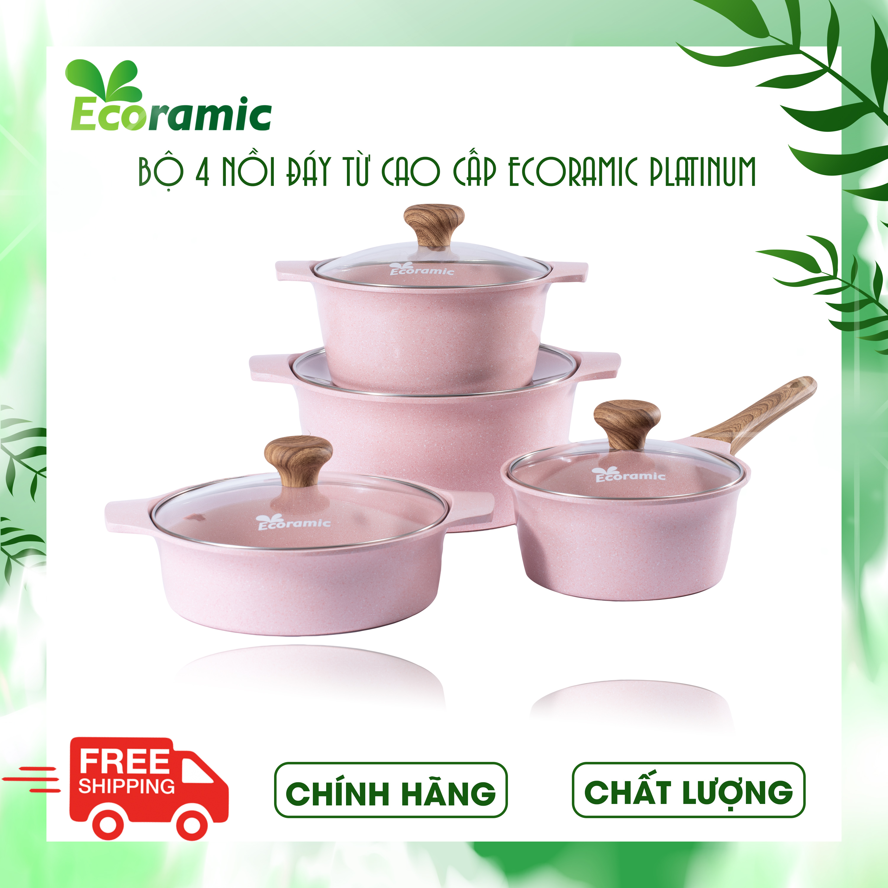 Bộ 4 Nồi Ecoramic Platinum Đáy Từ Chính Hãng Cao Cấp, Chống Dính, Siêu Bền, Bảo Hành 2 Tháng