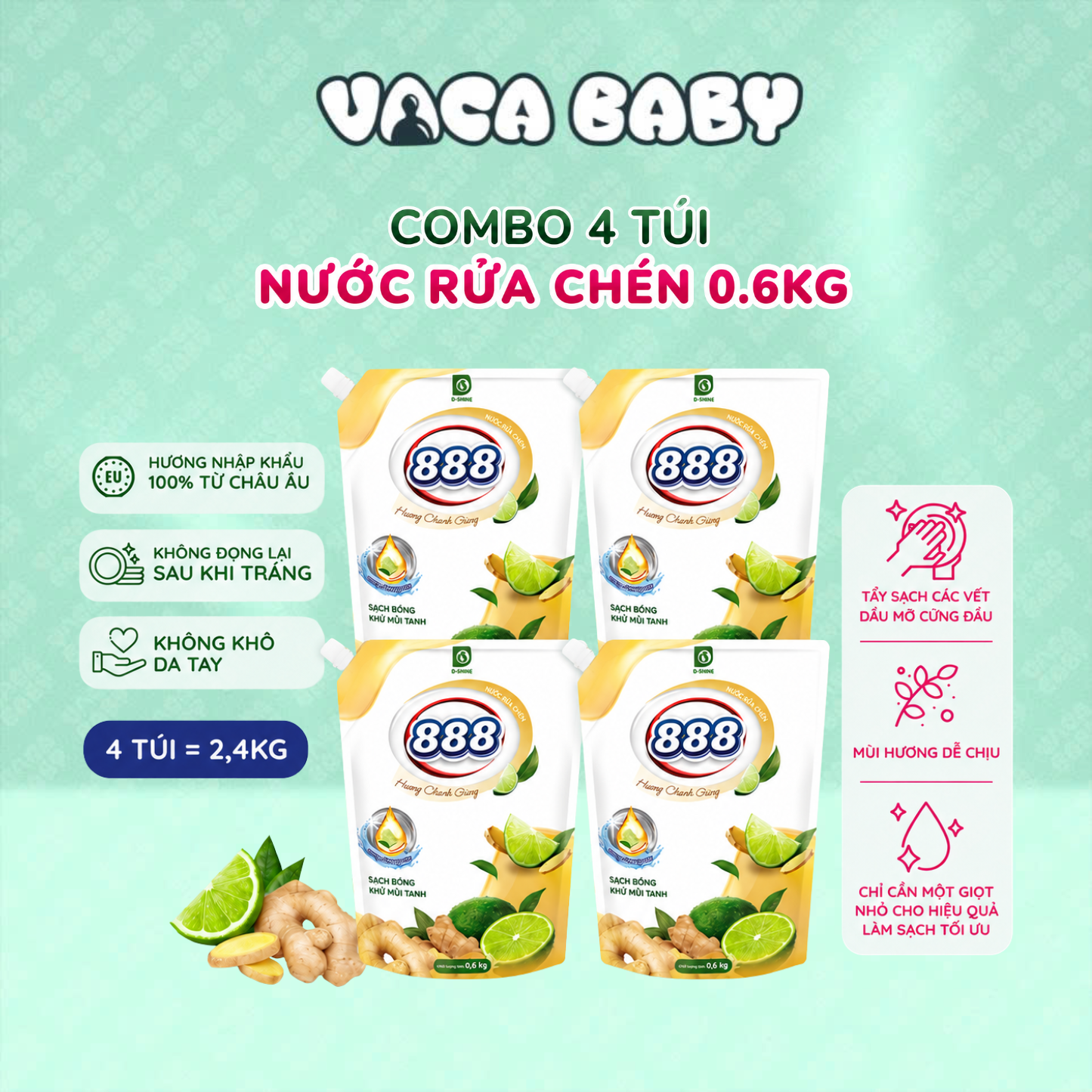 Combo 4 Túi Nước Rửa Chén 888 Hương Chanh Gừng Dịu Nhẹ Cho Da Tay 0.6kg/Túi