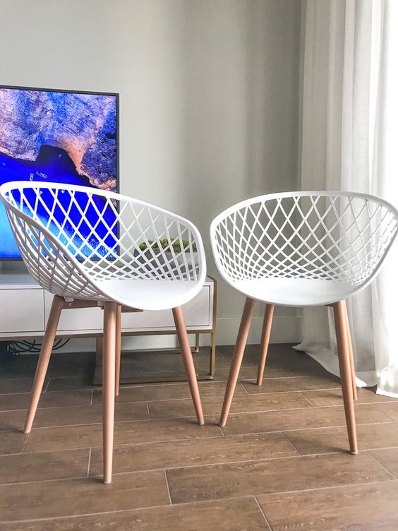 Ghế tiếp khách thân nhựa lưới màu trắng Ghế nhà hàng cafe Ghế bàn ăn thân nhựa PP chân thép màu gỗ hiện đại– CAPTA Tp HCM - Net Plastic Dining Chairs / White Basket Armchairs