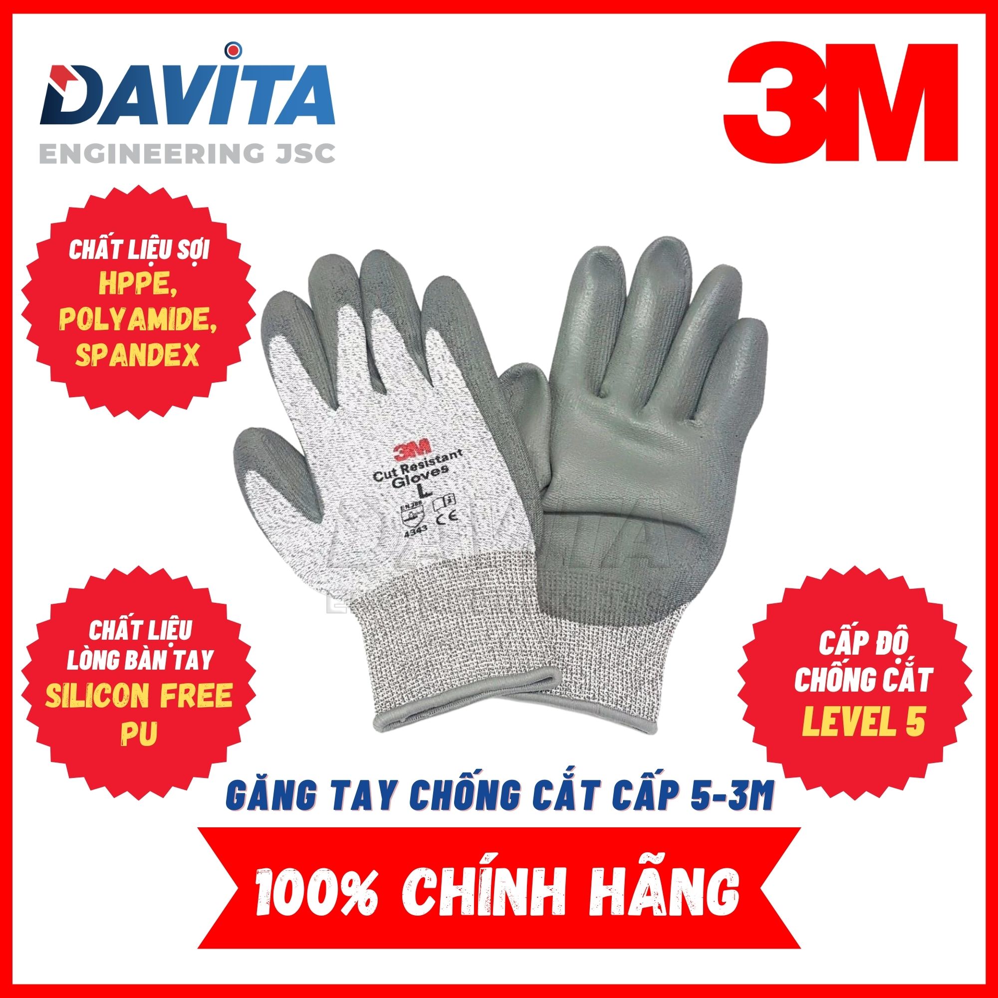 Găng tay chống cắt 3M cấp độ 5, size L, màu xám trắng