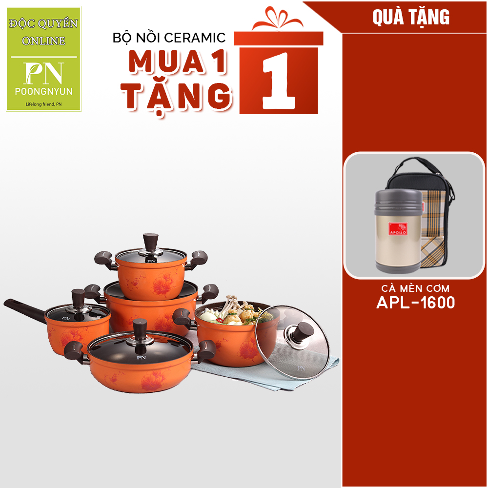 MUA 1 TẶNG 1 Bộ nồi nhà bếp Ceramic hiệu PoongNyun FACPT (10 món) Tặng 1 Hộp cơm giữ nhiệt Apollo APL-1600 - Hàng chính hãng