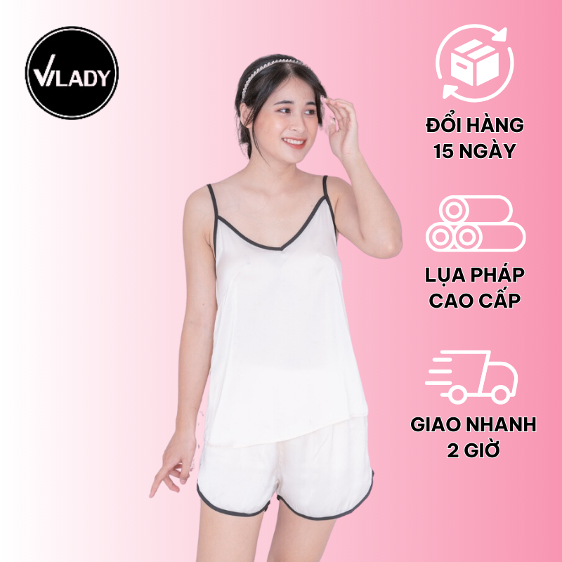 Bộ đồ ngủ nữ 2 dây mặc nhà dễ thương VILADY - B111 kiểu 2 dây quần cộc màu trắng gạo mềm mát, chất liệu Lụa Pháp cao cấp