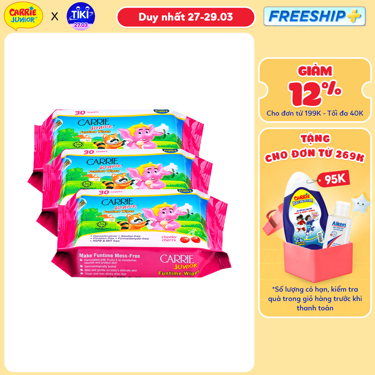 Combo 3 Gói Khăn Giấy Ướt Carrie Junior Funtime Cheeky Cherry 30 tờ/ gói