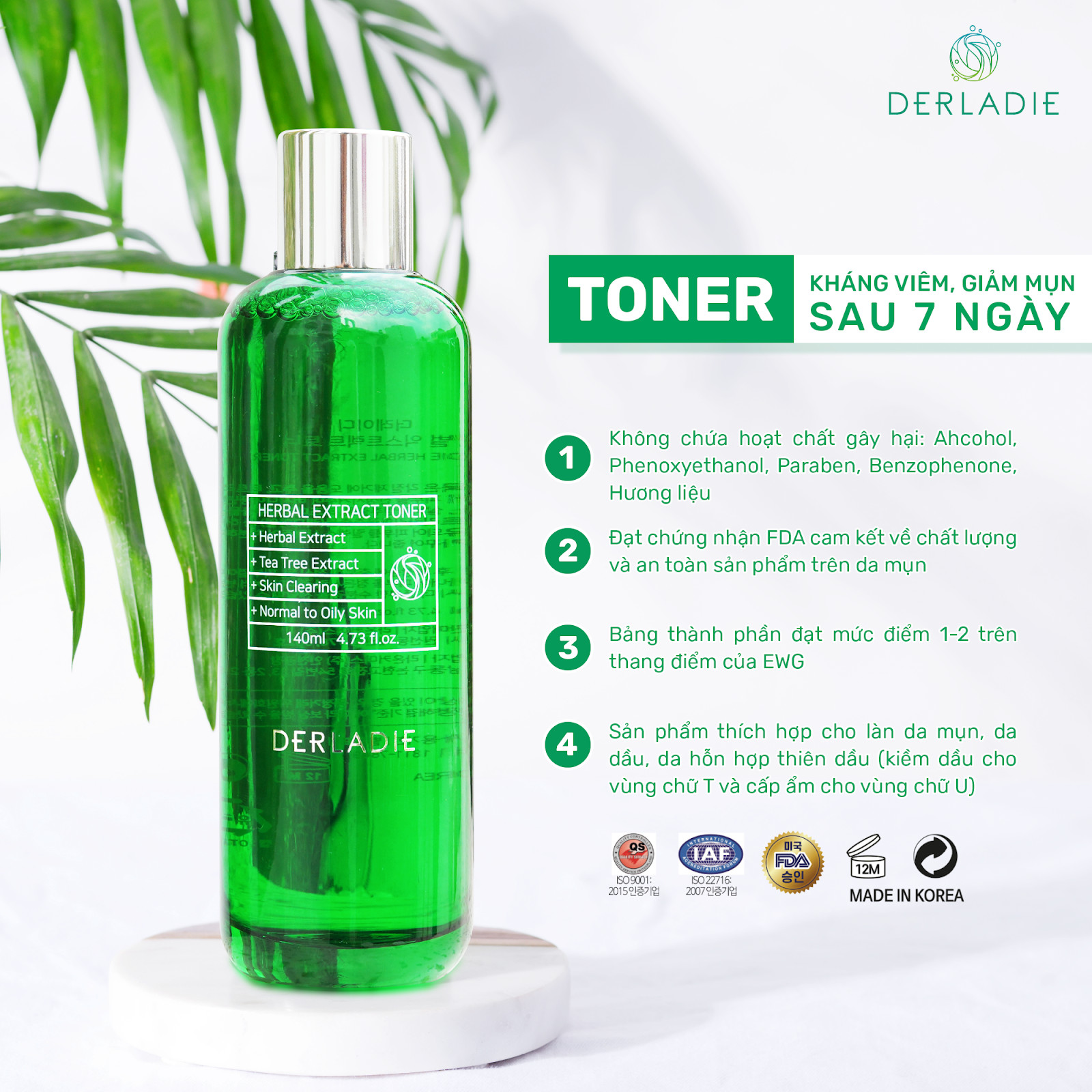 Nước Hoa Hồng Giảm Mụn Cho Da Nhạy Cảm Derladie Herbal Extract Toner - Chai Màu Xanh 140ml