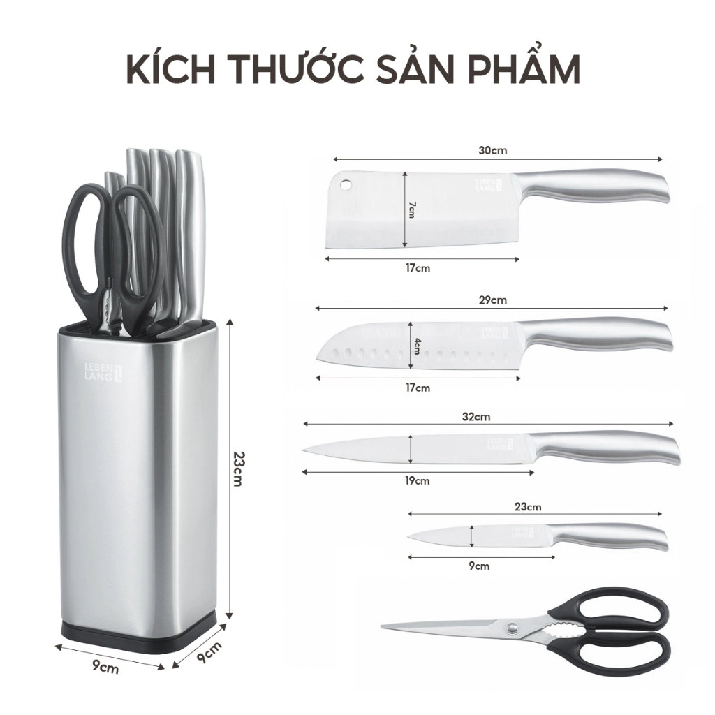 Bộ dao kéo nhà bếp 5 món Lê Bên Làng LBL1956 chuẩn Đức tặng hộp cắm