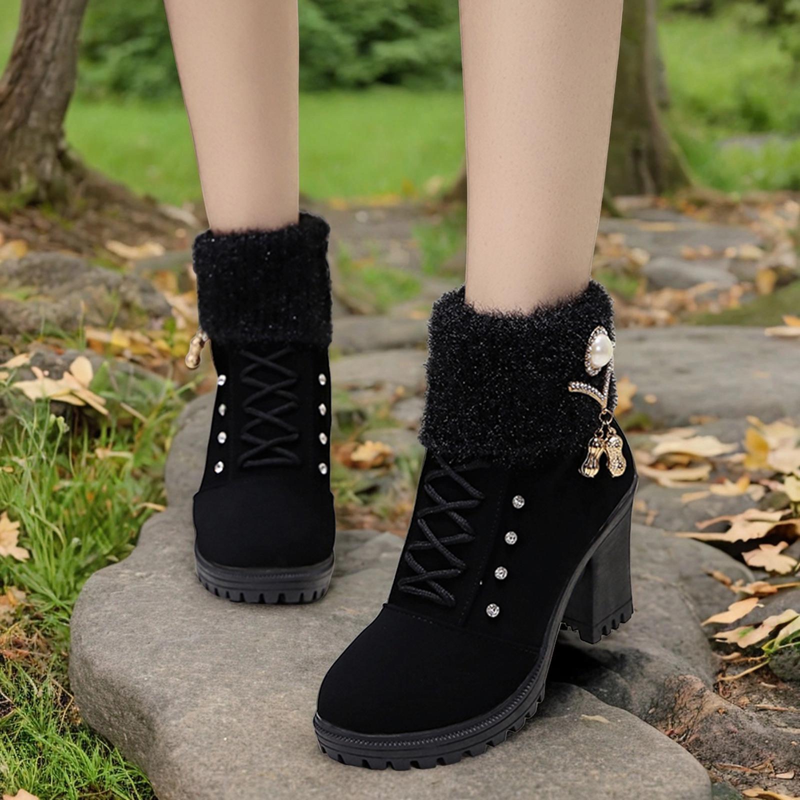Women Winter Boots Cold Weather High Heeled with Zipper Closure Trendy Shoes