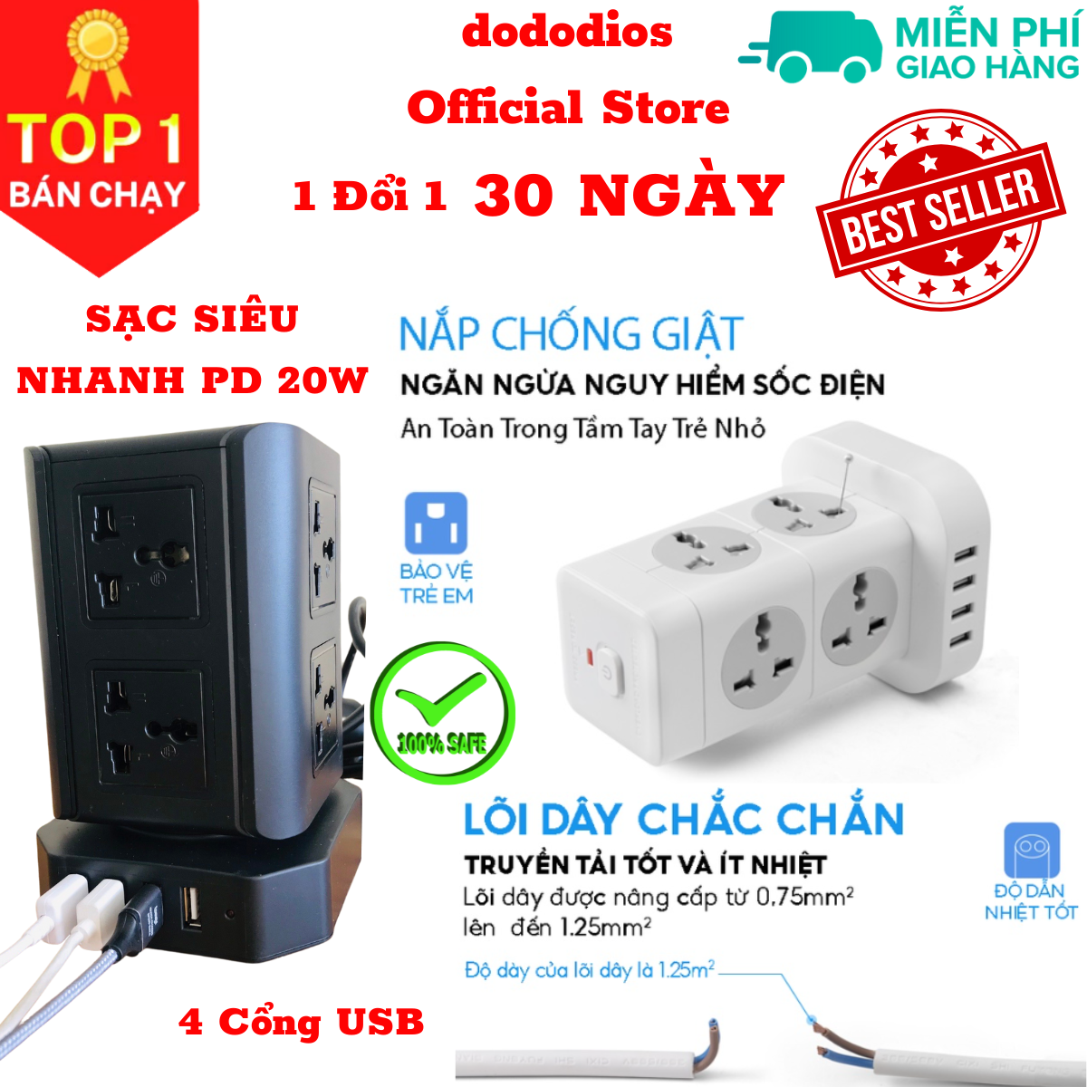 Ổ cắm điện đa năng dododios có sạc nhanh PD 20W cổng USB + typeC, 4-8 lỗ cắm tải 2500W an toàn chống giật, chịu nhiệt - Hàng chính hãng