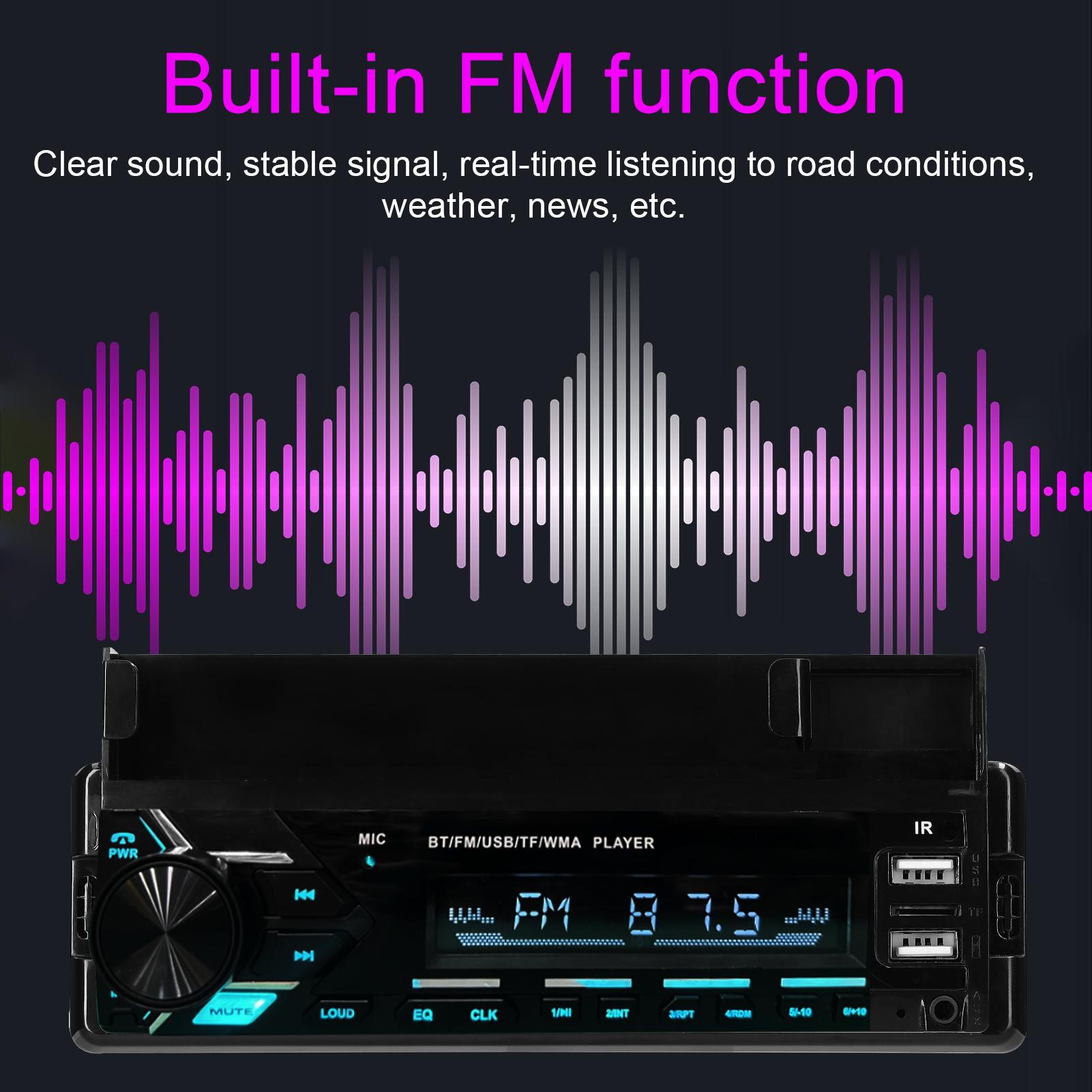 Car Stereo Receiver Multifunctional BT MP3 Player FM Radio Support Hands-Free Calls Phone Charge EQ Adjustment Voice Control U-Disk/TF Card/AUX-in with Time Display Phone Holder Remote Controller