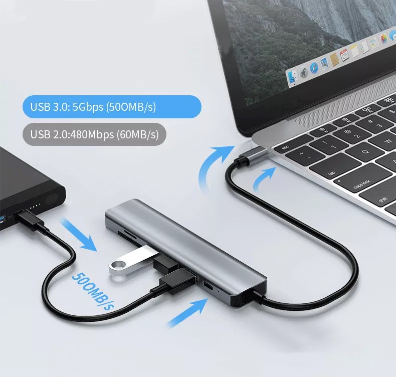 Nikko Bộ Hub đơn chuyển đổi USB-C Type C 7 cổng dùng được cho MacBook iMac Dell và các loại laptop - Hàng Chính Hãng