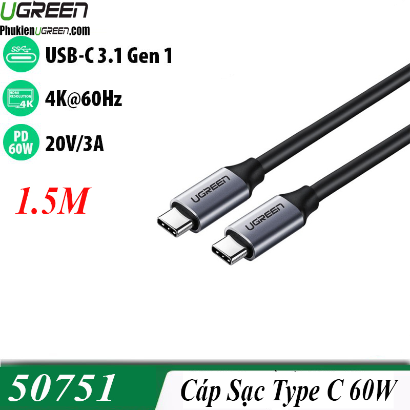 Cáp USB Type C 3.1 Dài 1,5m Cao Cấp Ugreen 50751 - Hàng Chính Hãng