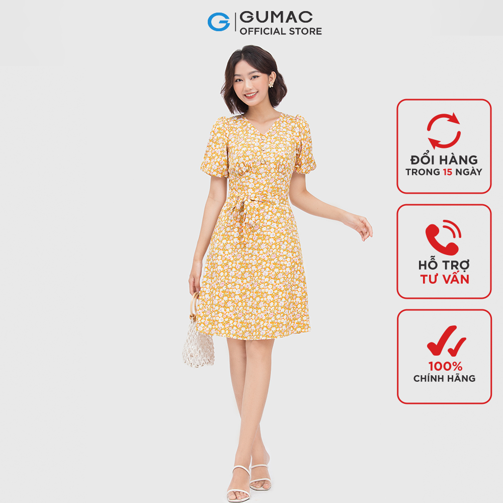 Đầm nữ GUMAC DC04038 form A xòe cổ chữ V nhún ngực dễ thương
