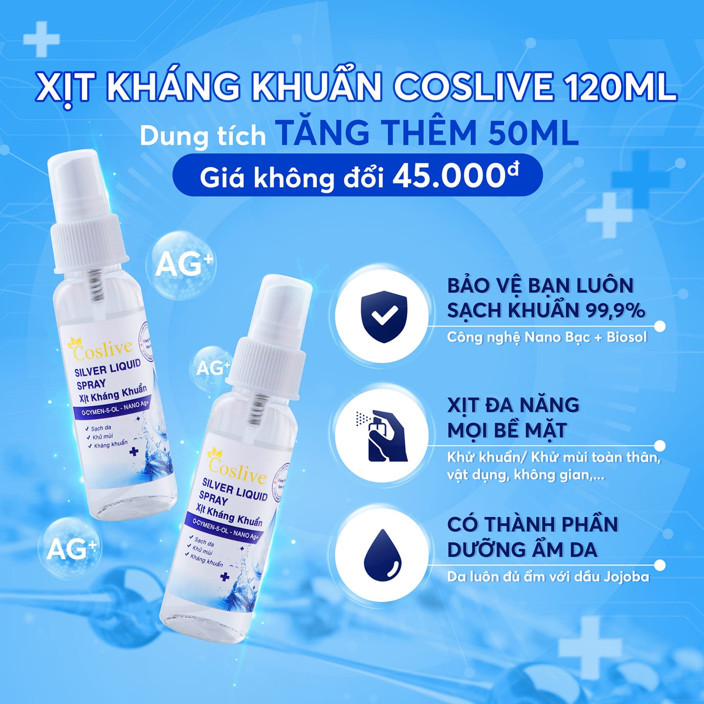 XỊT KHÁNG KHUẨN NANO BẠC 120ML COSLIVE