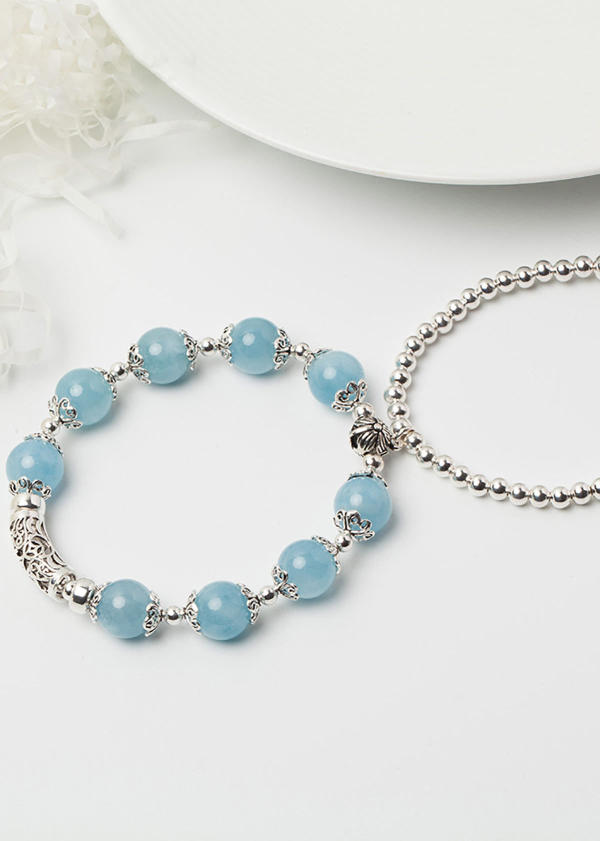 Vòng 2 line đá Aquamarine phối charm bạc size hạt 10mm mệnh thủy, mộc - Ngọc Quý Gemstones