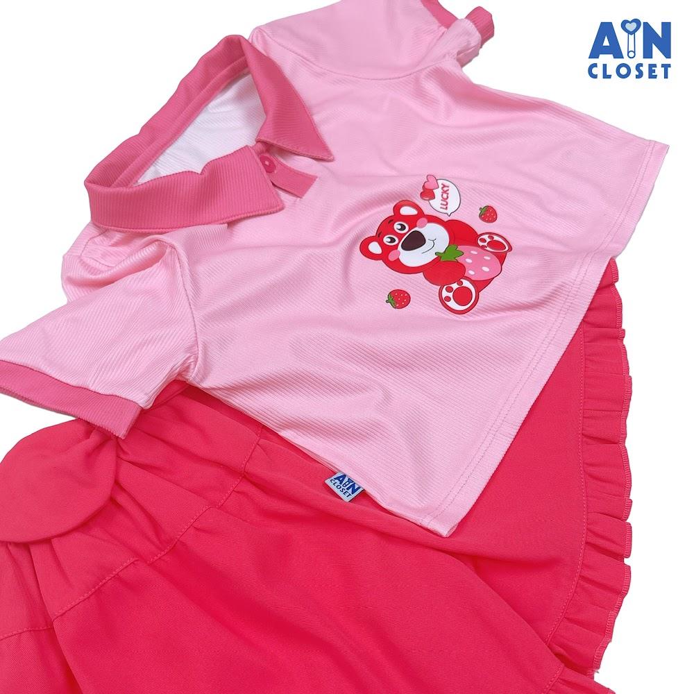 Bộ quần áo Ngắn bé gái họa tiết Gấu và Dâu Hồng Thun cotton - AICDBG8FJNHF - AIN Closet