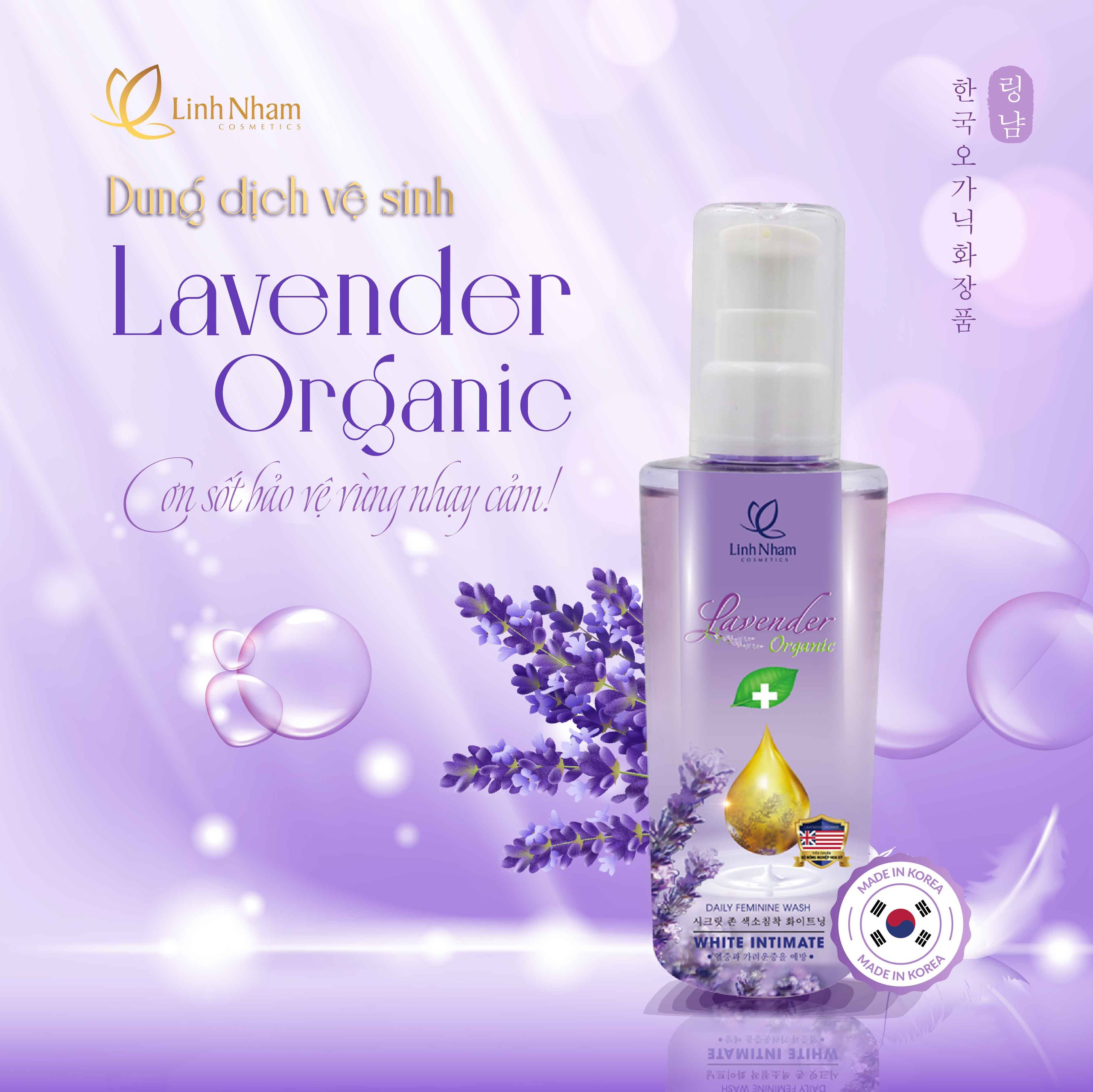 Dung dịch vệ sinh phụ nữ Lavender Organic Linh Nhâm, kháng khuẩn, kháng viêm, chống viêm nhiễm, khử mùi hôi120ml