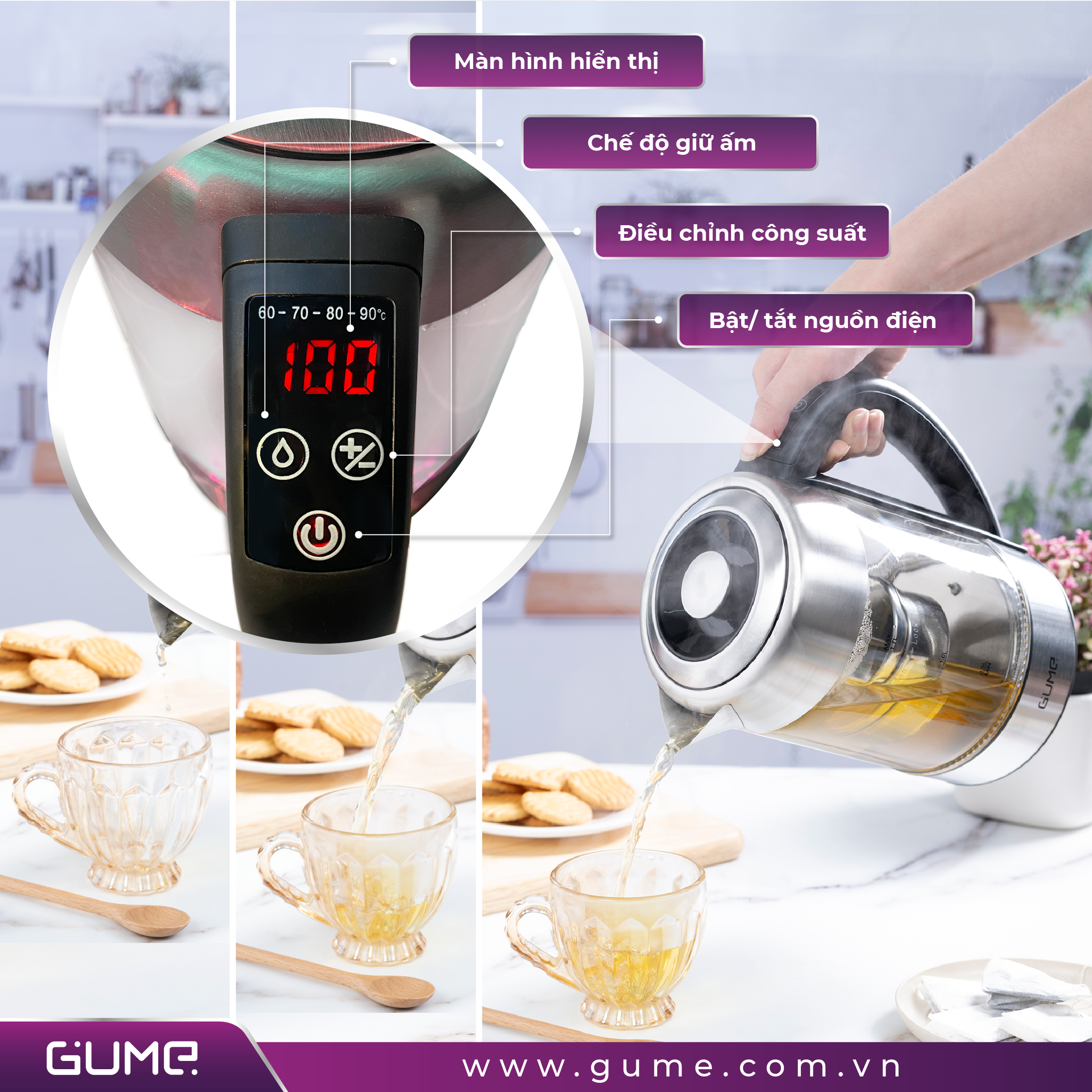 Ấm Đun Siêu Tốc Khử Clo GUME Thủy Tinh 1.7L - Hàng Nhập Khẩu Hàn Quốc