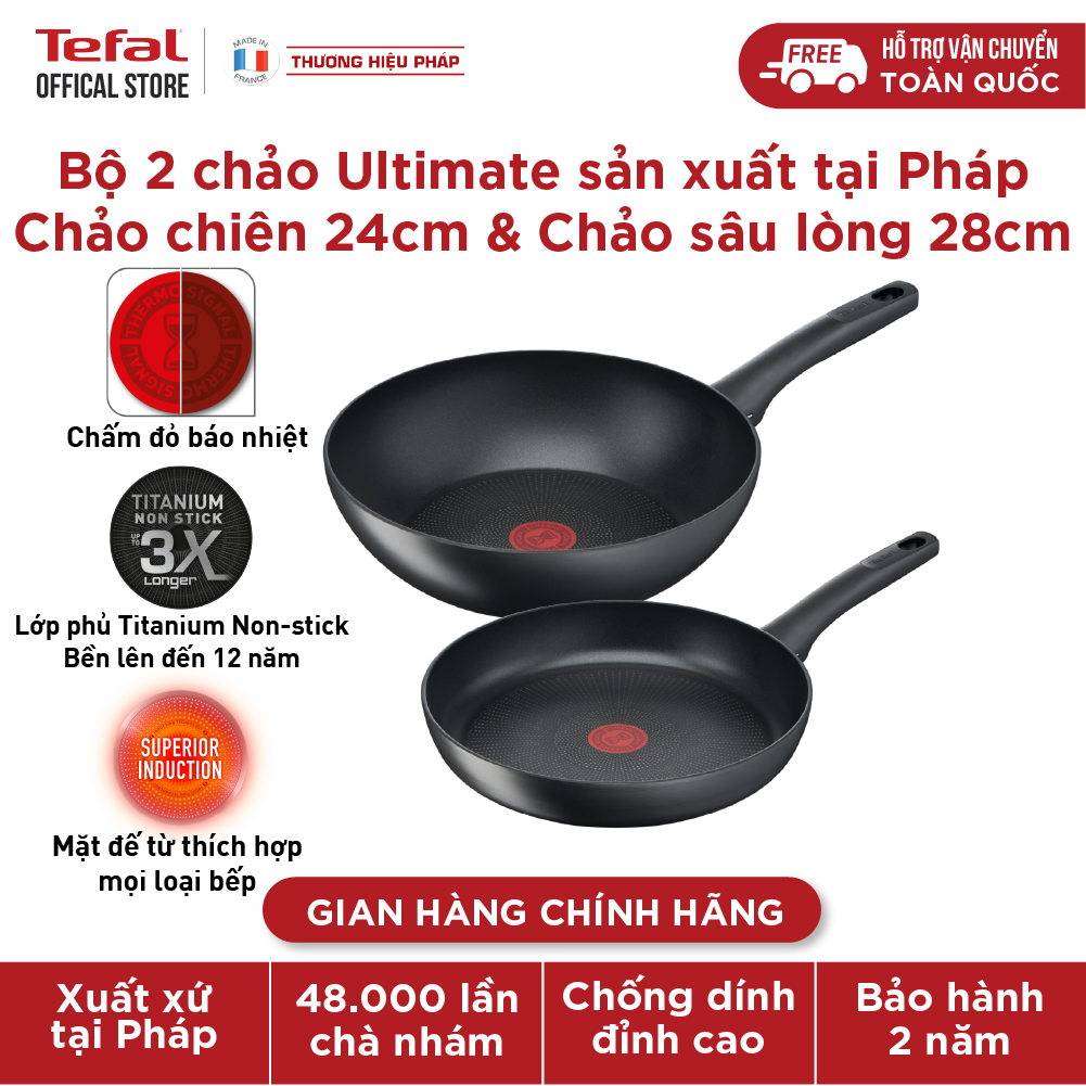 Bộ 2 chảo chống dính đáy từ Tefal Ultimate sản xuất tại Pháp dùng cho mọi loại bếp ( 24cm, 28cm) - Hàng chính hãng