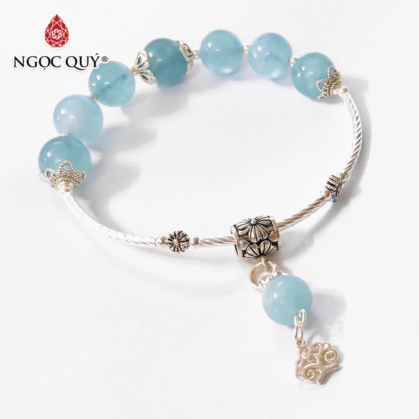 Vòng tay đá Aquamarine phối cây trí tuệ mệnh thủy, mộc - Ngọc Quý Gemstones