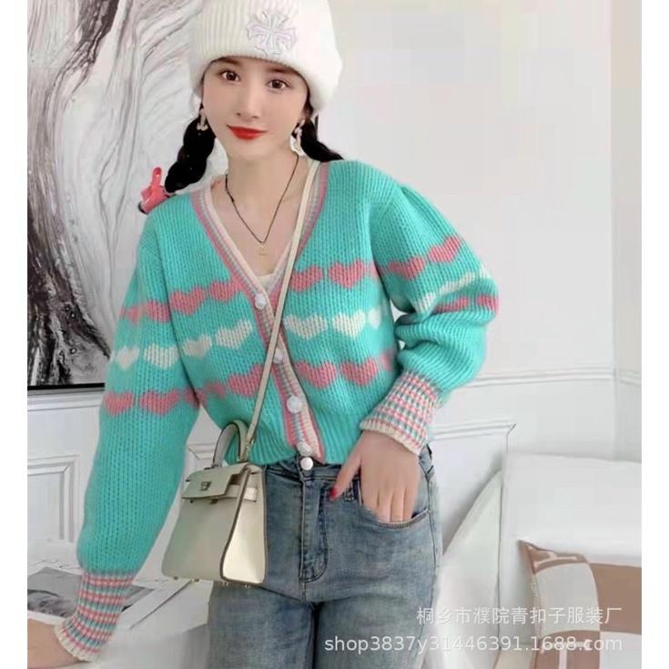 [L2M] Áo khoác len nữ Cardigan dệt kim CÀI NÚT tay dài phối TRÁI TIM xinh xắn