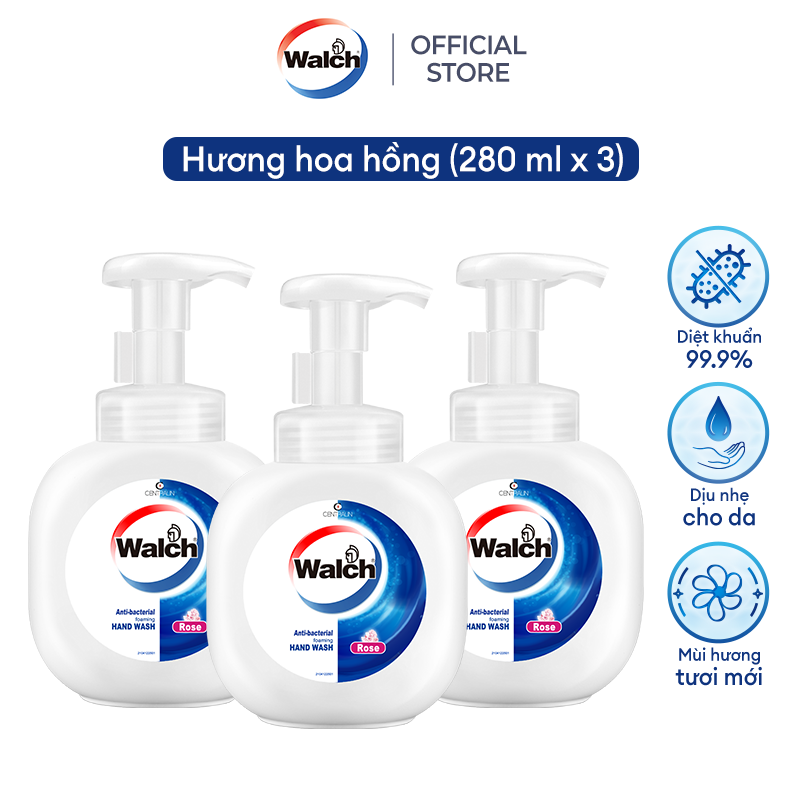 Combo 3 Bọt rửa tay kháng khuẩn Walch dưỡng da tay mềm mịn (280ml-400ml Hương Hoa Hồng)