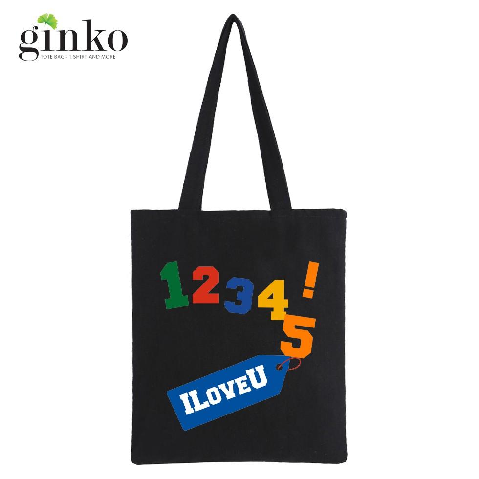 Túi Tote Vải Canvas Ginko kiểu basic có dây kéo khóa miệng túi đựng vừa laptop 14 inch và nhiều đồ dùng khác Phong Cách ulzzang Hàn Quốc In Hình I Love You B26