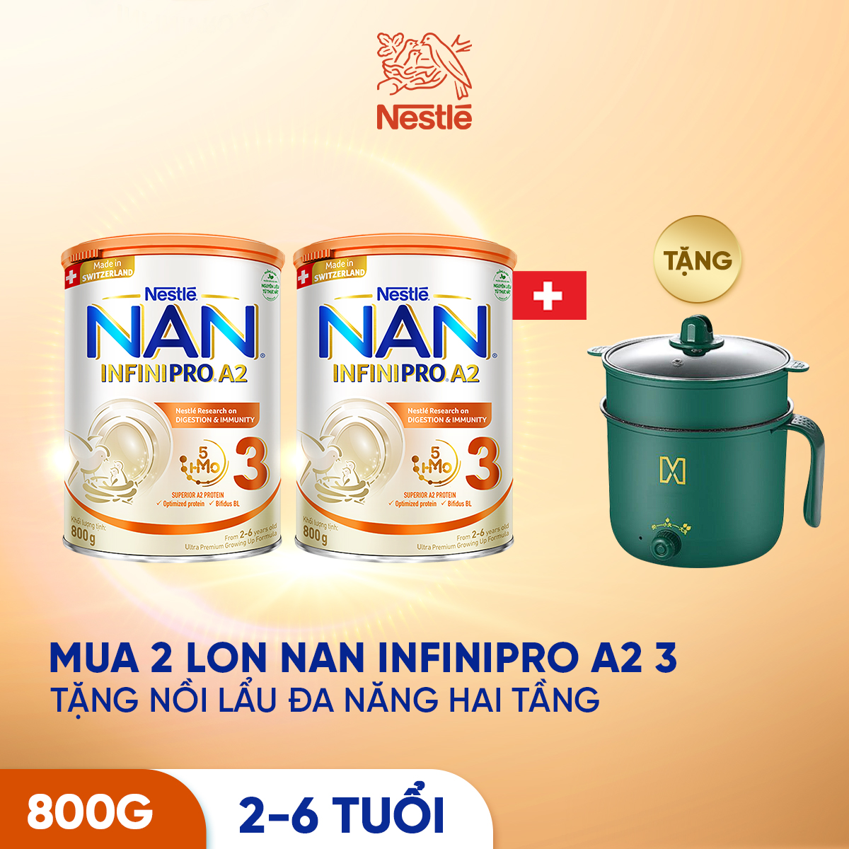 Combo 2 Sản phẩm dinh dưỡng công thức Nestlé NAN INFINIPRO A2 bước 3 800g từ Thụy Sỹ giúp dung nạp tiêu hóa tốt sau 7 ngày - Tặng Nồi lẩu đa năng hai tầng