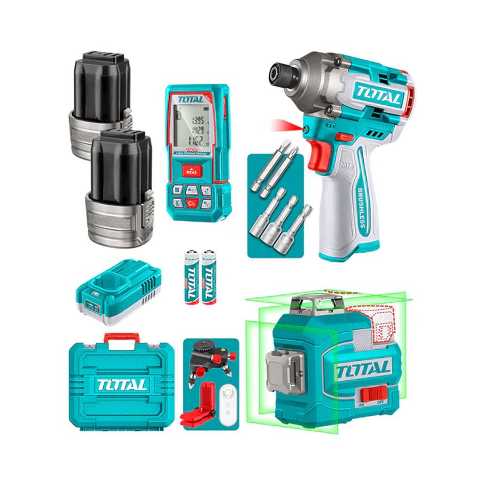 BỘ COMBO MÁY SIẾT VÍT KHÔNG CHỔI THAN TIRLI16171 DÙNG PIN 16V &amp; MÁY ĐO MỨC CÂN BẰNG TIA LASER XANH TLL301200 DÙNG PIN 16V &amp; MÁY ĐO KHOẢNG CÁCH TIA LASER TMT51036 TOSLI250886 TOTAL -HÀNG CHÍNH HÃNG
