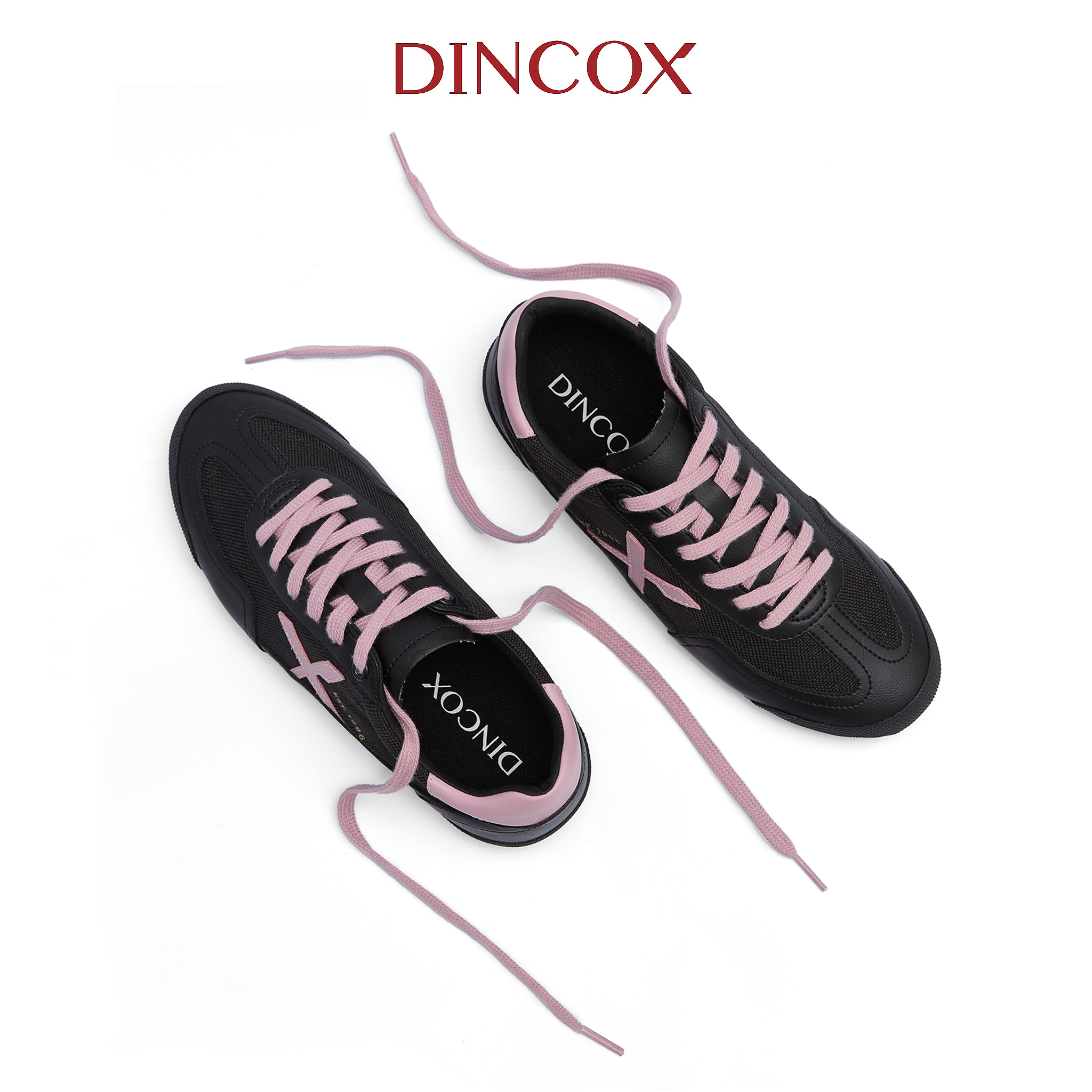 Giày Sneaker Nữ Dincox DC47 BLACK/ PINK Micro Suede Kết Hợp Canvas Shoes Đế Bằng, Bền Và Nhẹ Hơn
