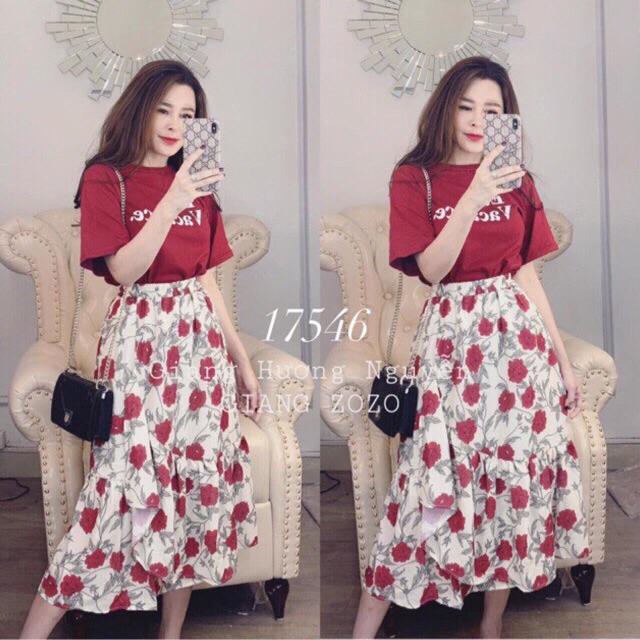 Set áo thun in chữ mix chân váy hoa xoè sale