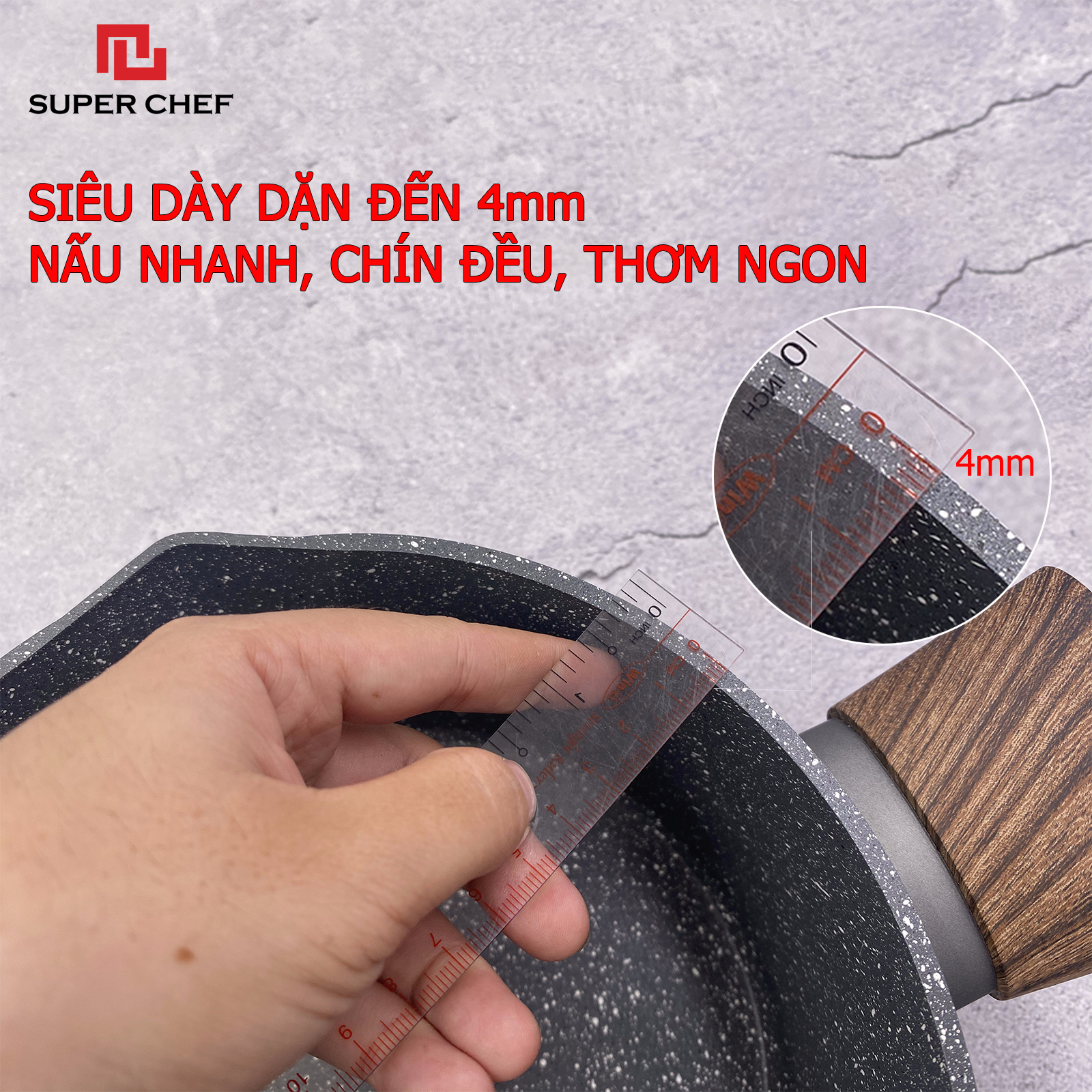 Chảo Vân Đá Đáy Từ Super Chef Dày 4mm Siêu Bền Bỉ, Không Bong Tróc, Chống Dính Tốt Hạn Chế Dầu Mỡ Tốt Cho Sức Khỏe