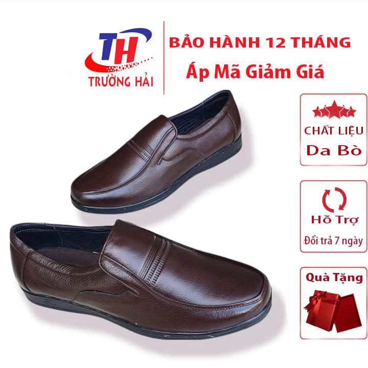 Giày nam BIGSIZE mũi tròn Trường Hải da bò thật màu nâu đế cao su không trơn may chắc chắn GN140