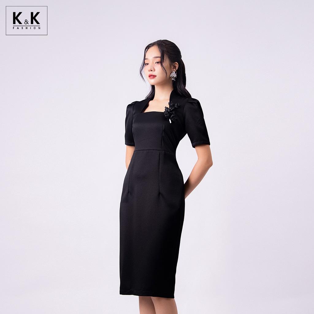 Đầm Đen Ôm Body Đính Hoa K&amp;K Fashion KK130-13 Chất Liệu Tafta 2 Da