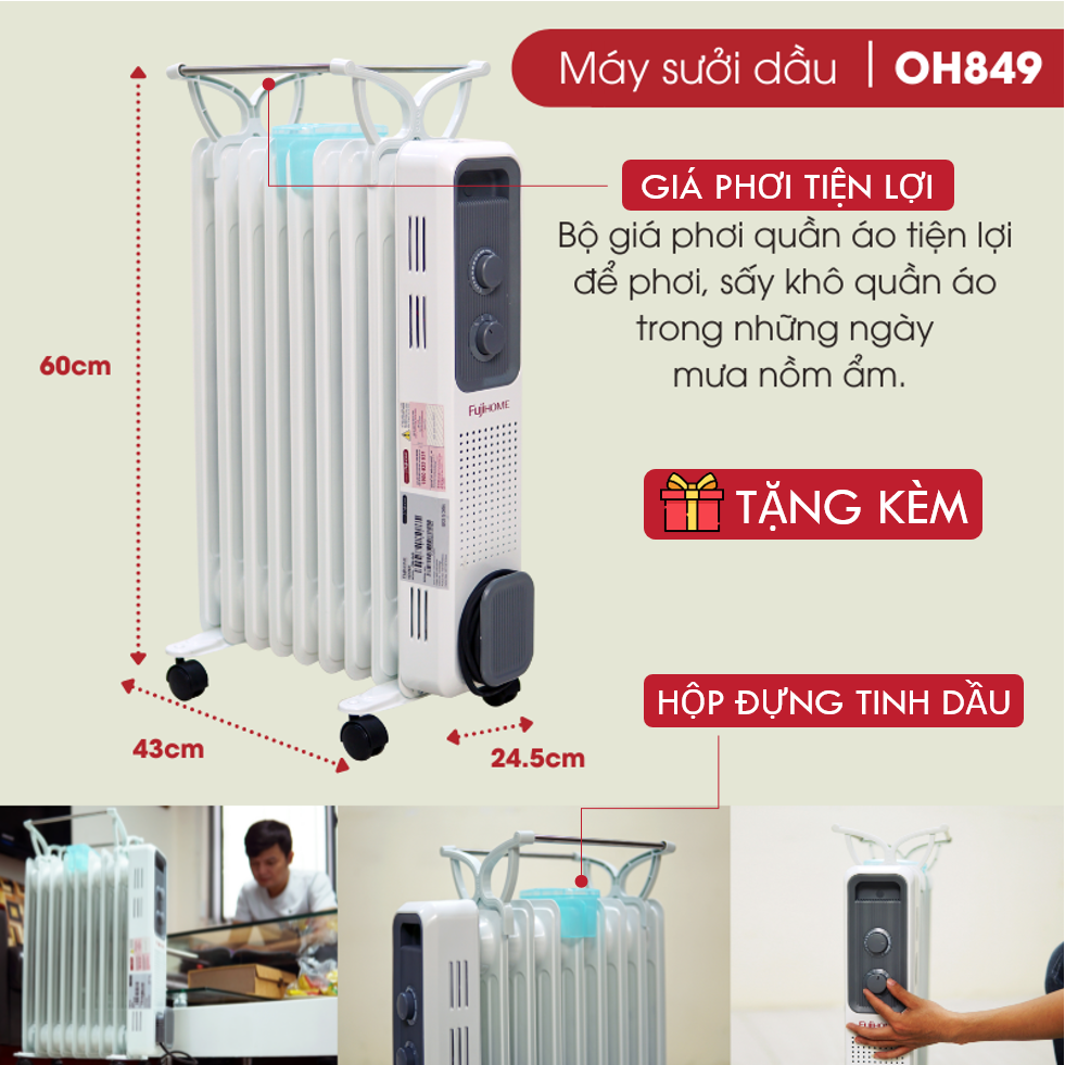 Máy sưởi dầu Nhật Bản Nhập Khẩu không khô da Fujihome 9 thanh, lò máy sưởi ấm điện phòng tự ngắt không đốt oxy không gốm mini heaters - Hàng Chính Hãng