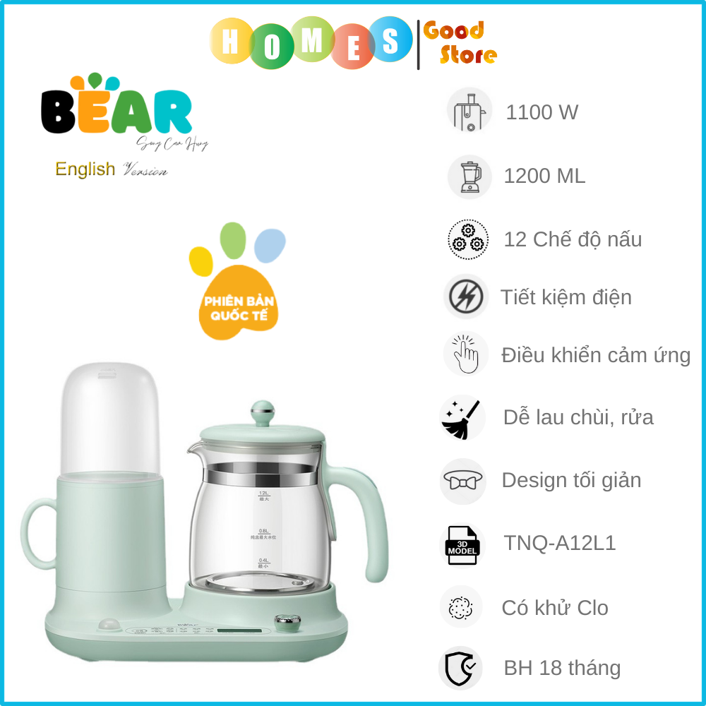 Bình Thủy Điện, Bình Pha Trà Và Hâm Sữa Giữ Ấm BEAR TNQ-A12L1 Chức Năng Khử Clo Dung Tích 1.2 Lít  Công Suất 1100 W - Hàng Chính Hãng