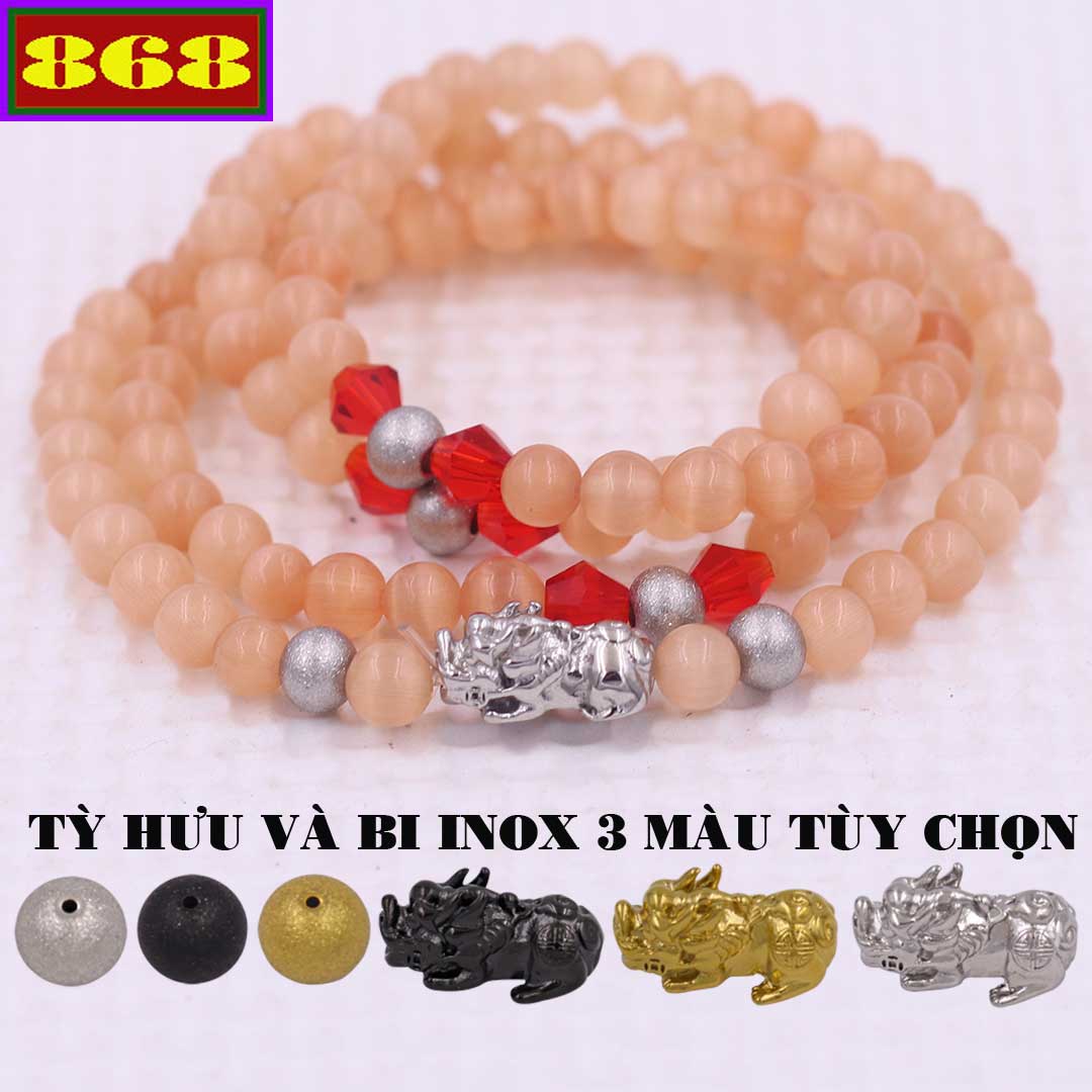Vòng chuỗi 108 Hạt Đá Mắt Mèo cam charm tỳ hưu inox - Chuỗi tay hạt 6 ly, 8 ly - Vòng chuỗi niệm Phật Bình an, may mắn