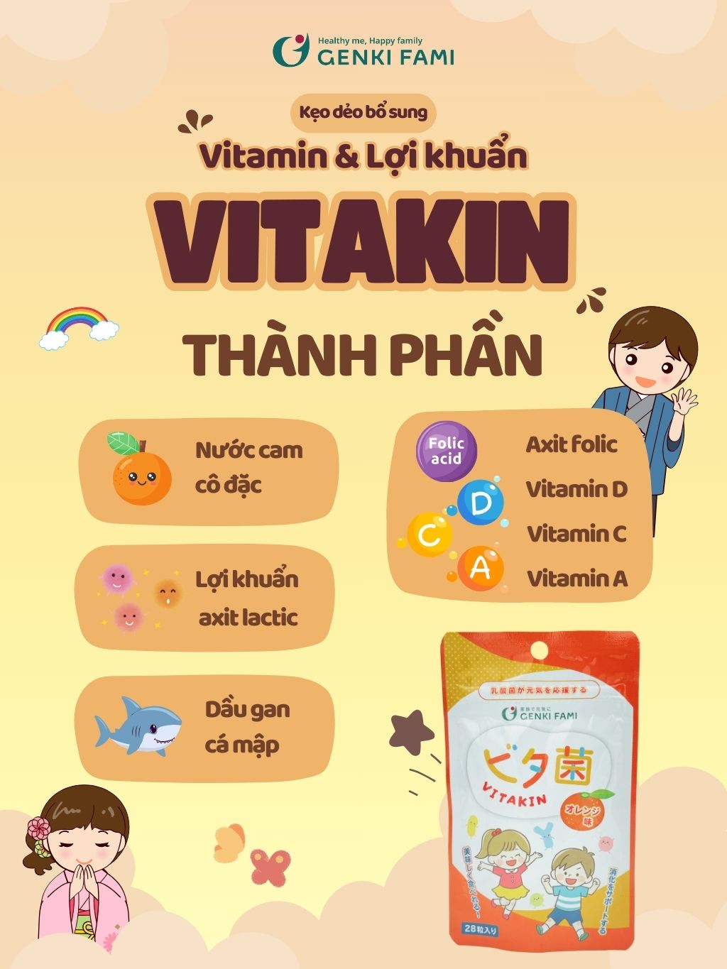 Kẹo Dẻo Vị Cam Bổ Sung Vitamin và Lợi Khuẩn Genki Fami Nhật Bản Gói 28 Cái