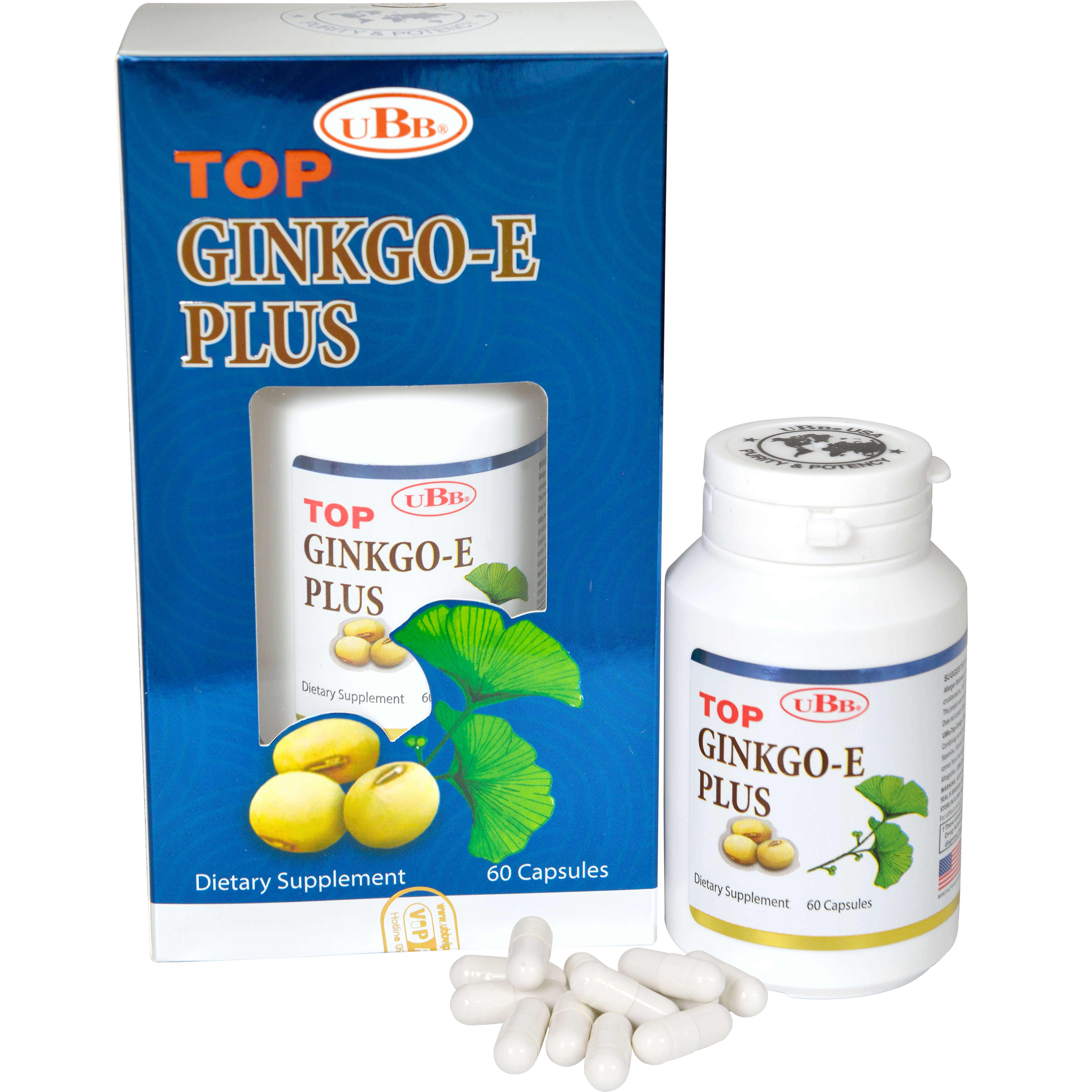 Thực Phẩm Chức Năng - UBB TOP GINKGO-E PLUS - Hỗ trợ tăng tuần hoàn não, Bổ não, giảm nguy cơ tai biến