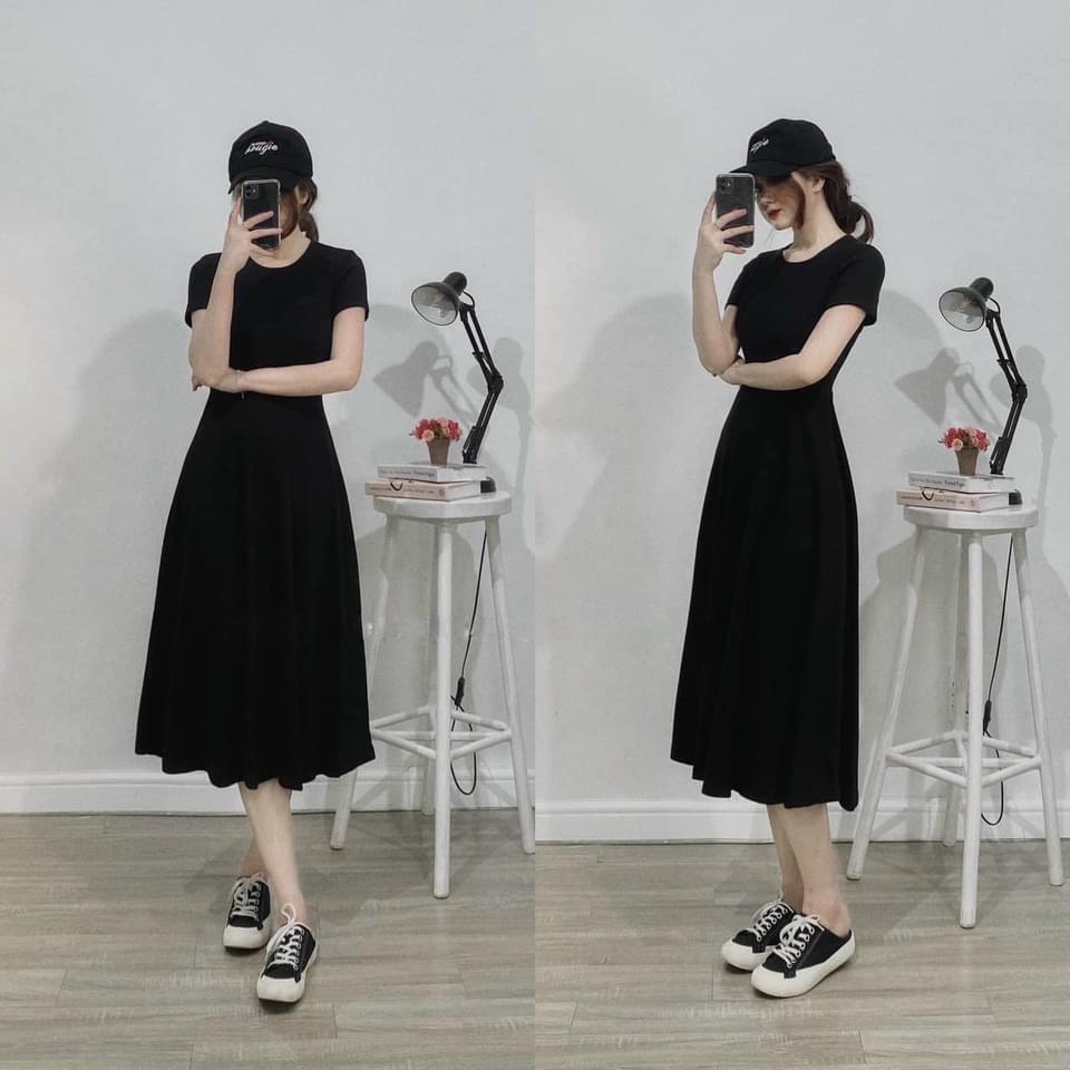 Đầm maxi cổ tròn tay ngắn hở lưng dáng xoè , váy nữ dáng dài xuất xịn