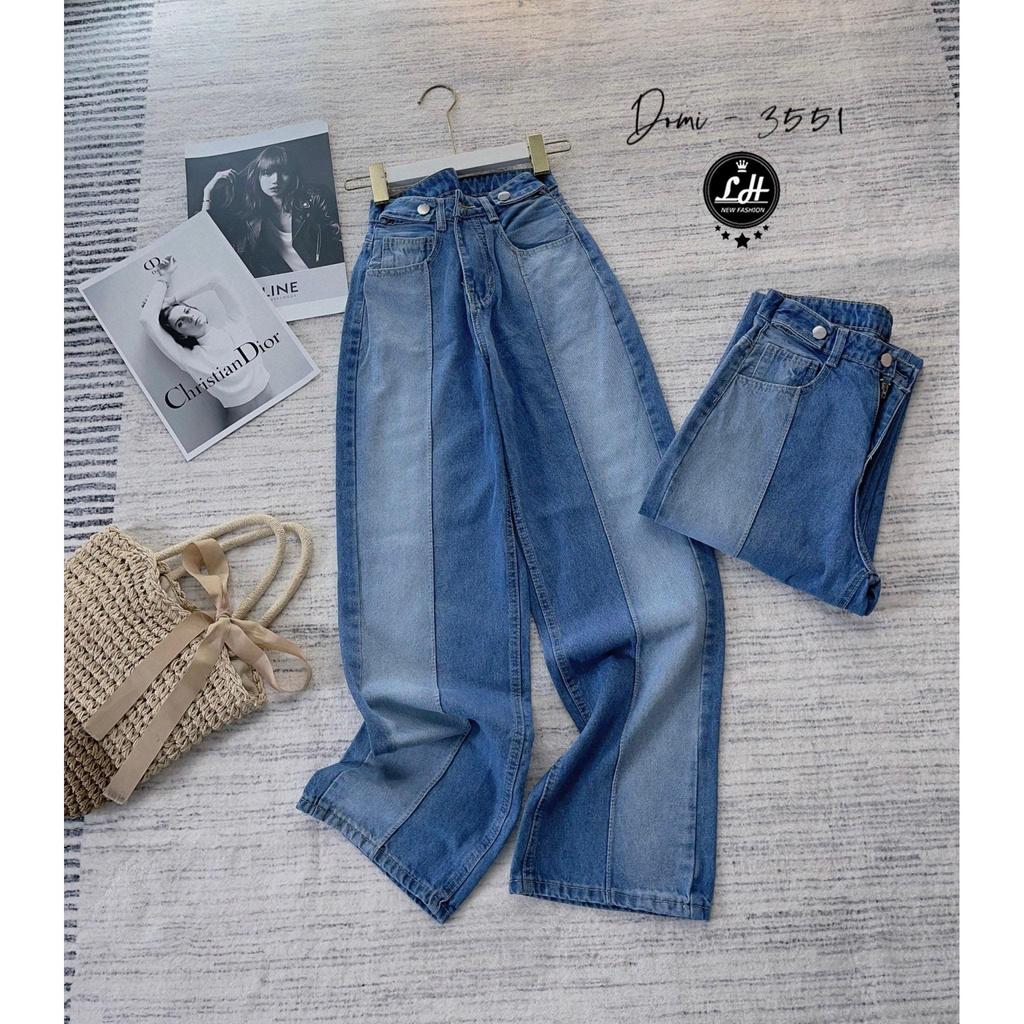Quần jean nữ ống rộng, quần bò lưng cao màu xanh có bass trích ly hai màu đậm nhạt siêu lạ Lê Huy Fashion MS 3551