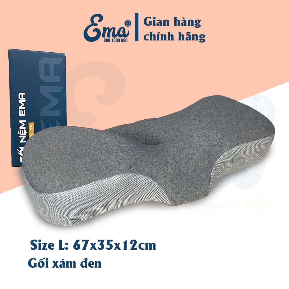 Gối Cao Su Non Công Thái Học Chống Đau Vai Ngáy, Ngủ Ngáy, Hỗ Trợ Ngủ Nhanh Ema - Thiết Kế Riêng Biệt Cho Tư Thế Nằm Ngửa Và Nằm Nghiêng - 1 Gối Xám Đen Size L