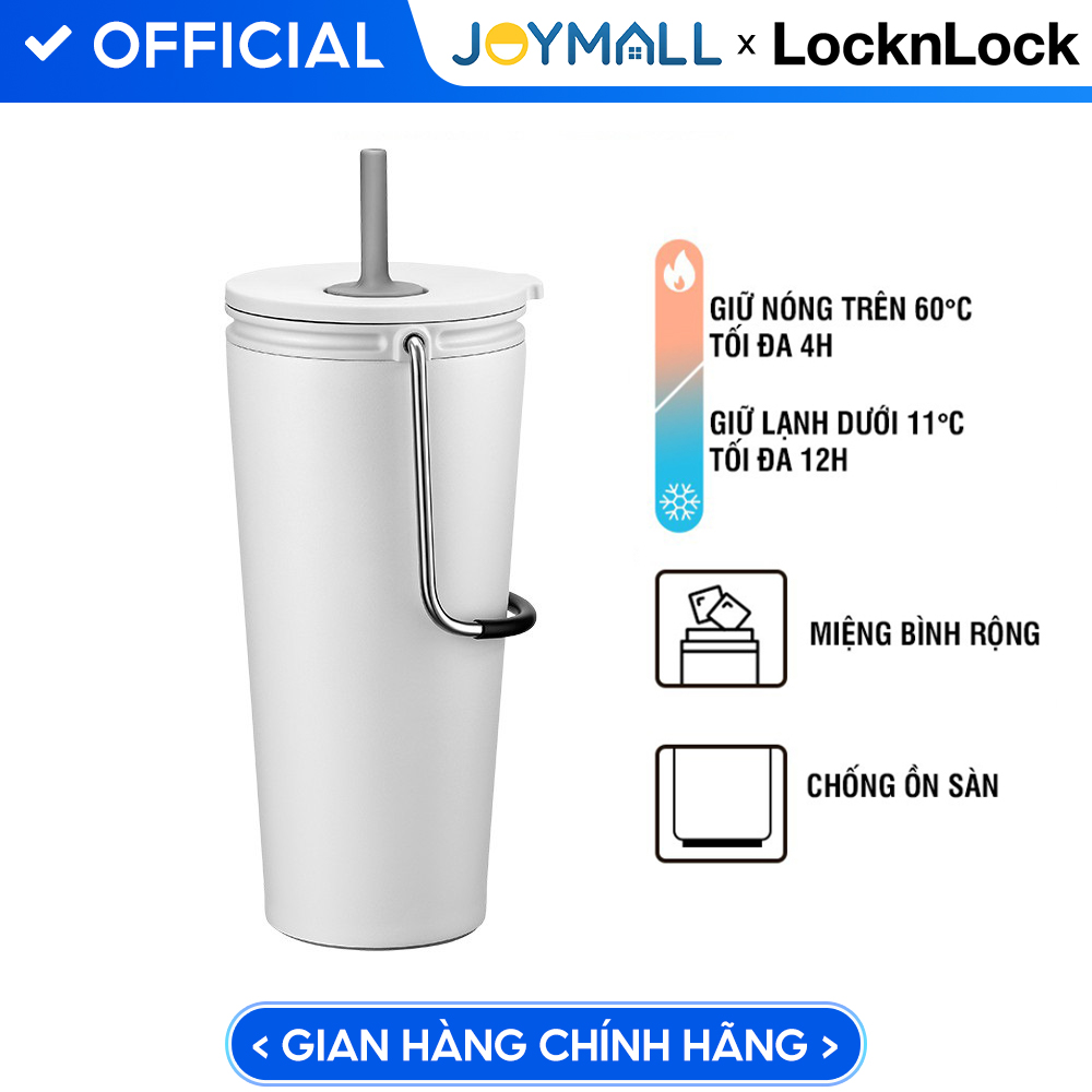 Bình giữ nhiệt Lock&amp;Lock Bucket Tumbler Nắp đậy có ống hút - Màu Trắng LHC4268WHT 540ml - Hàng chính hãng thép không gỉ quai xách tiện lợi - JoyMall