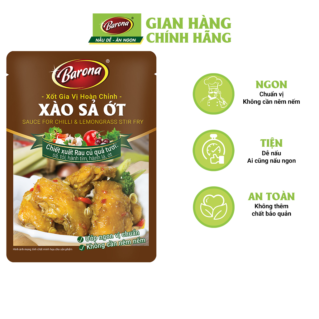 Combo Xốt gia vị hoàn chỉnh Barona: 1 gói Kho gừng (80gr) + 1 gói Xào Sả Ớt (80gr) + 1 gói Rô ti (80gr)