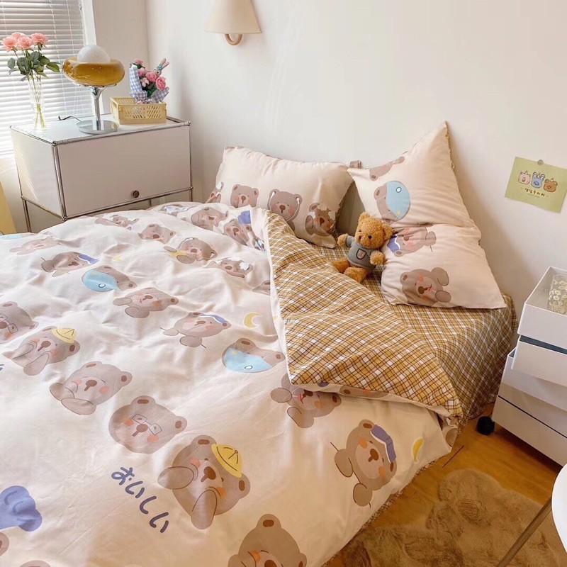Bộ Chăn Ga Gối Cotton Living 100%cotton Hàng Nhập Khẩu Cao Cấp 4 Món Gấu teddy